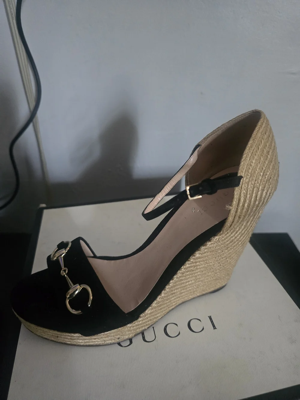 Gucci Black Suede Wedge Sandals with Gold Bit